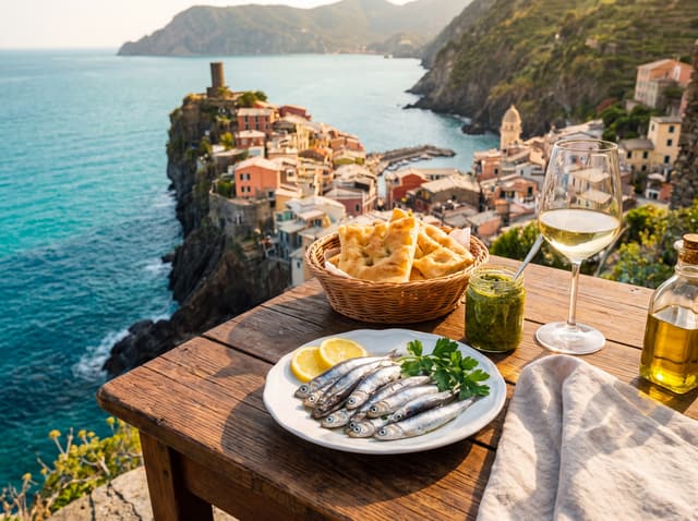 Anchovies, focaccia, pesto and white wine on a table overlooking the sea at Vernazza